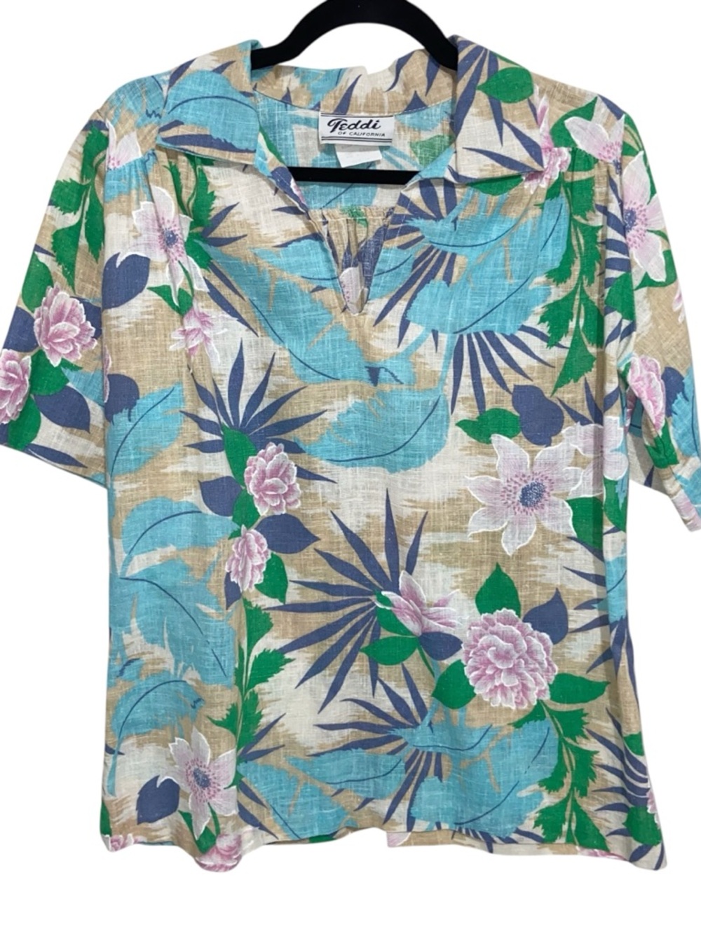 Vintage Teddi of California Top Womens Large Floral Hawaiian Barkcloth Resort